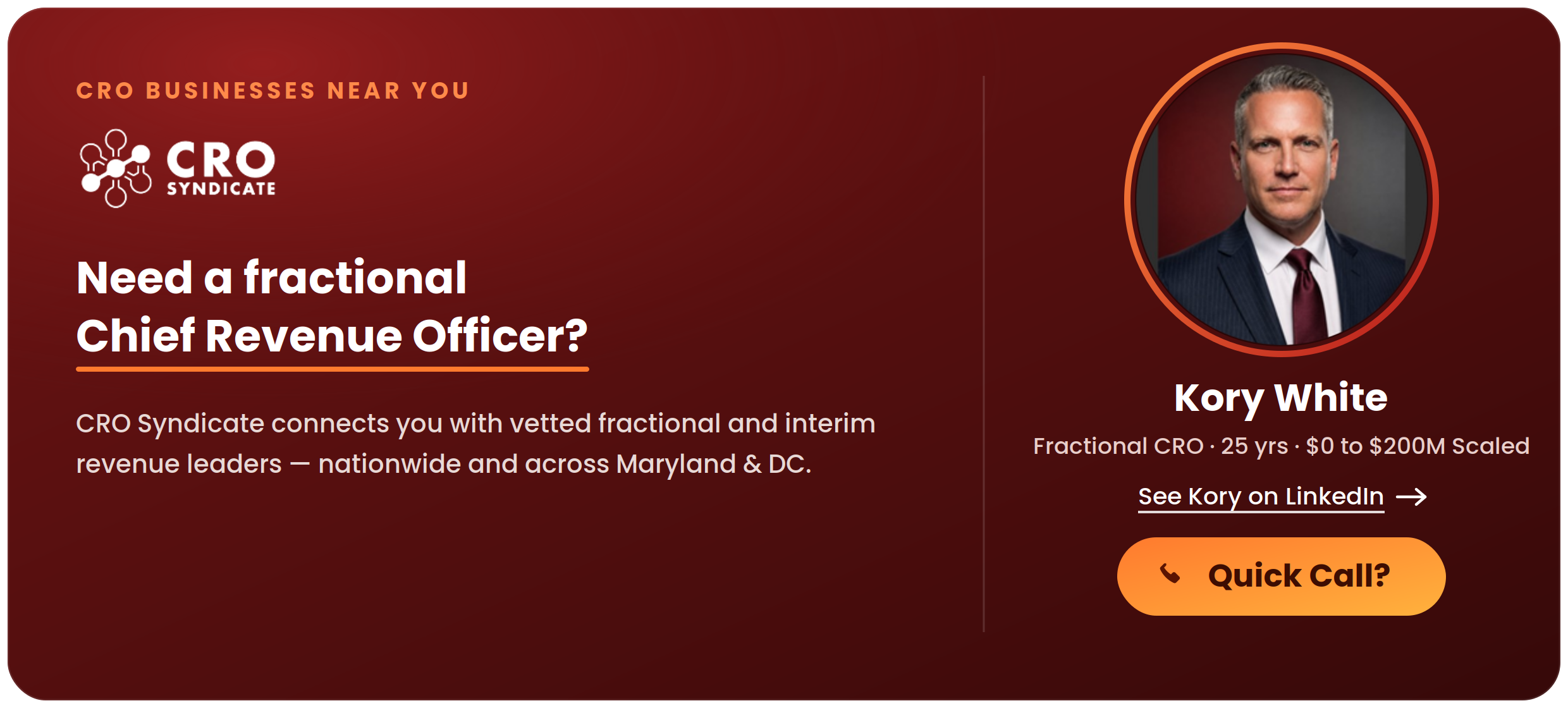 CRO Syndicate — Need a fractional Chief Revenue Officer? Kory White, Fractional CRO · 25 yrs · $0 to $200M scaled. Quick call.