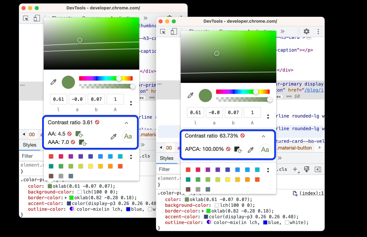Chrome DevTools Contrast Inspector