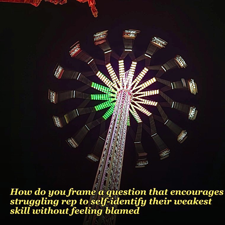 How do you frame a question that encourages a struggling rep to self-identify their weakest skill without feeling blamed?