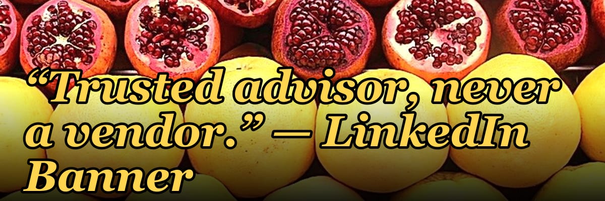 “Trusted advisor, never a vendor.” — LinkedIn Banner