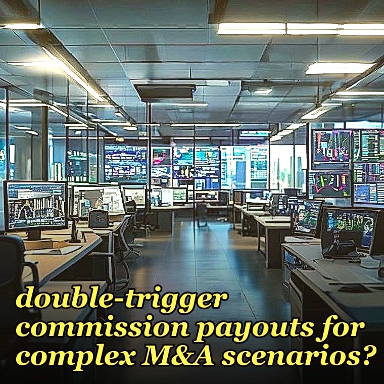 How do you structure double-trigger commission payouts for complex M&A scenarios?